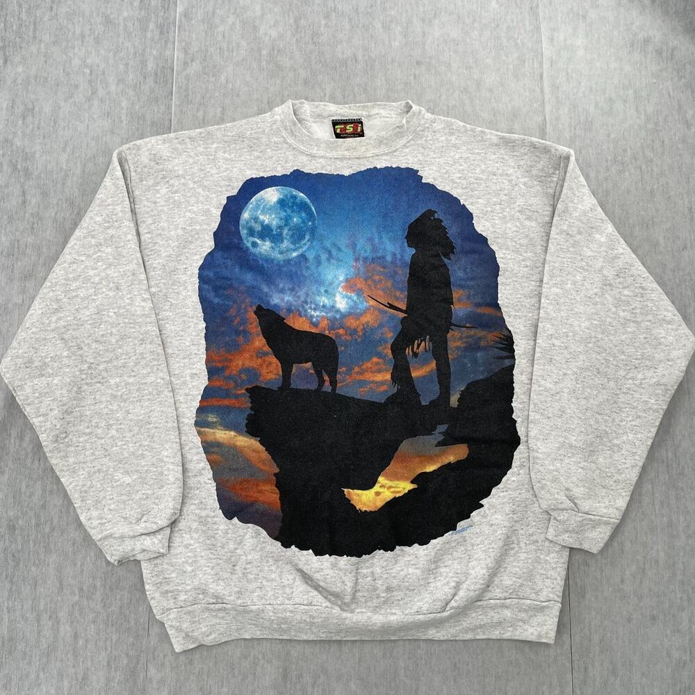 VINTAGE Native American Sweater Adult Large Gray Indian Wolf Moon Logo Men L 90s